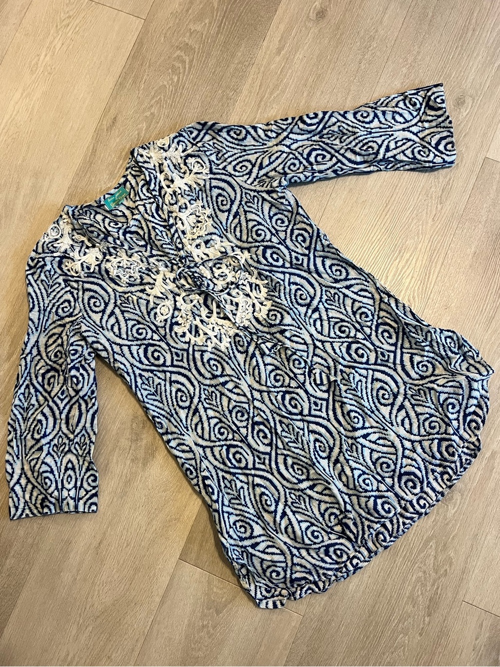 Antica Sartoria Blue & White Patterned Tunic with Lace & Bead detail